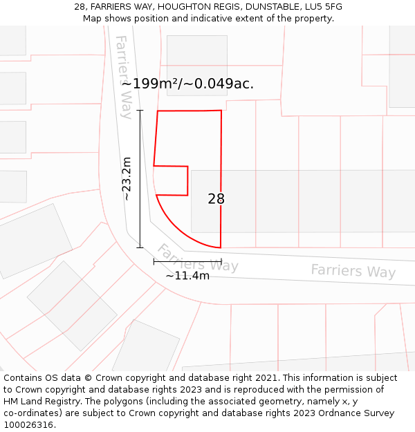 28, FARRIERS WAY, HOUGHTON REGIS, DUNSTABLE, LU5 5FG: Plot and title map