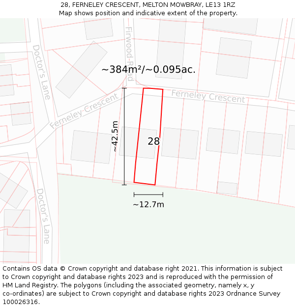 28, FERNELEY CRESCENT, MELTON MOWBRAY, LE13 1RZ: Plot and title map