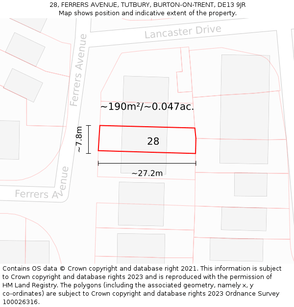 28, FERRERS AVENUE, TUTBURY, BURTON-ON-TRENT, DE13 9JR: Plot and title map