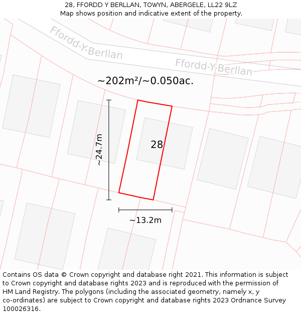 28, FFORDD Y BERLLAN, TOWYN, ABERGELE, LL22 9LZ: Plot and title map