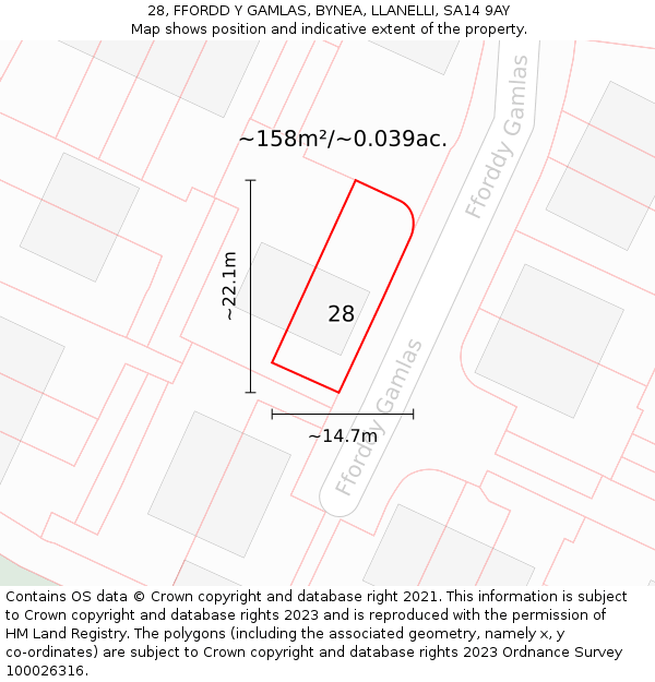 28, FFORDD Y GAMLAS, BYNEA, LLANELLI, SA14 9AY: Plot and title map