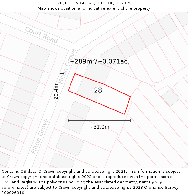 28, FILTON GROVE, BRISTOL, BS7 0AJ: Plot and title map