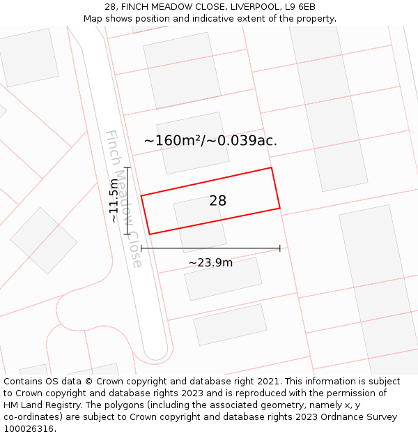 28, FINCH MEADOW CLOSE, LIVERPOOL, L9 6EB: Plot and title map