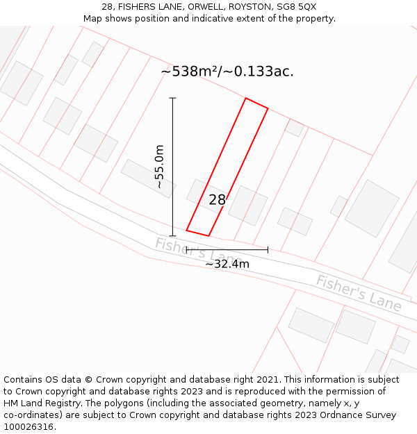 28, FISHERS LANE, ORWELL, ROYSTON, SG8 5QX: Plot and title map