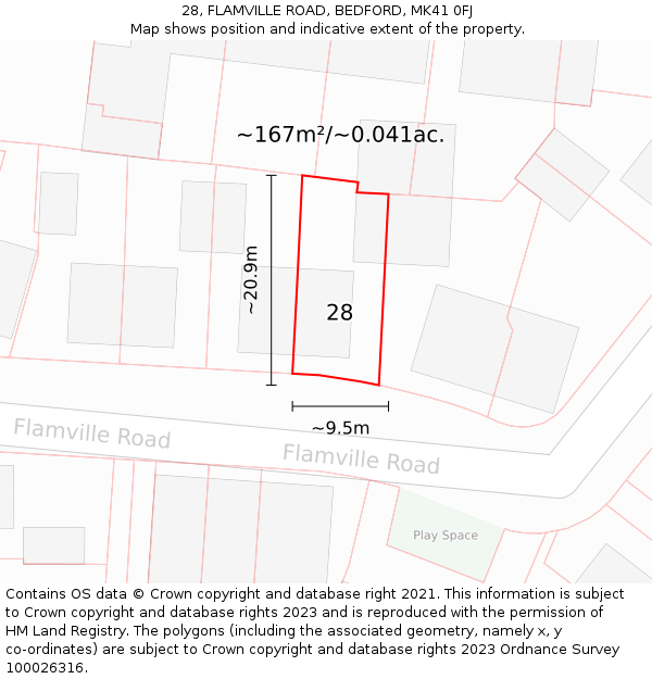 28, FLAMVILLE ROAD, BEDFORD, MK41 0FJ: Plot and title map