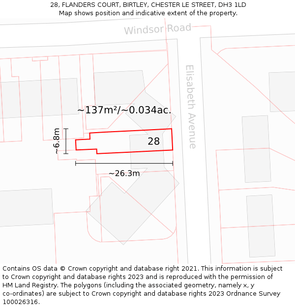 28, FLANDERS COURT, BIRTLEY, CHESTER LE STREET, DH3 1LD: Plot and title map