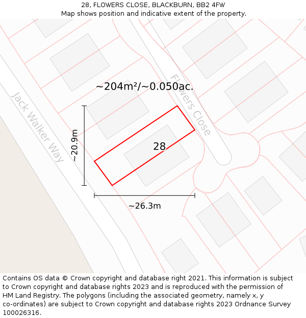 28, FLOWERS CLOSE, BLACKBURN, BB2 4FW: Plot and title map