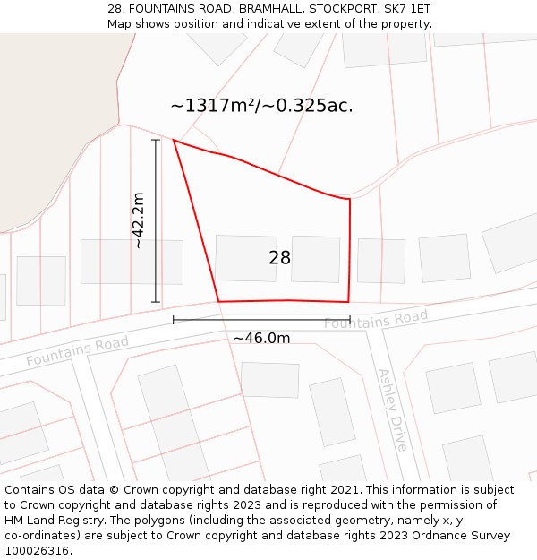 28, FOUNTAINS ROAD, BRAMHALL, STOCKPORT, SK7 1ET: Plot and title map