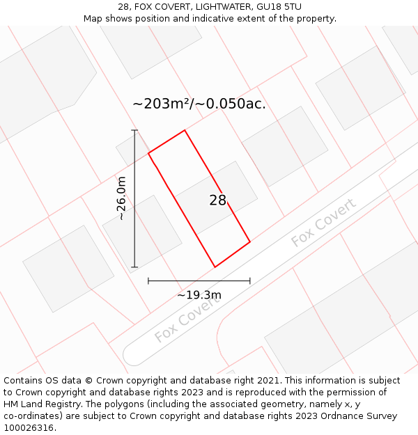 28, FOX COVERT, LIGHTWATER, GU18 5TU: Plot and title map