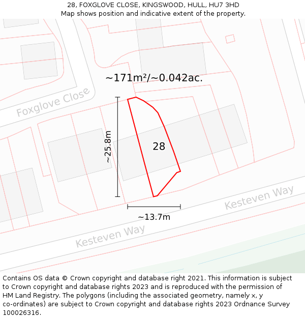 28, FOXGLOVE CLOSE, KINGSWOOD, HULL, HU7 3HD: Plot and title map