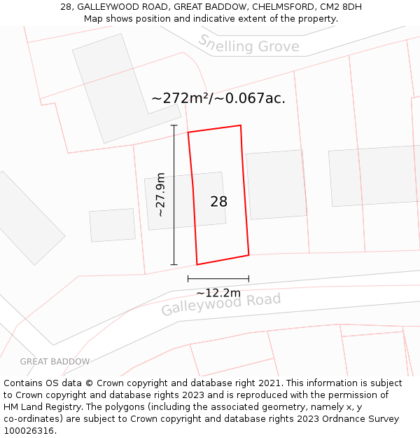 28, GALLEYWOOD ROAD, GREAT BADDOW, CHELMSFORD, CM2 8DH: Plot and title map