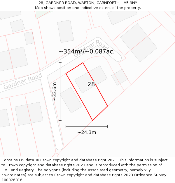 28, GARDNER ROAD, WARTON, CARNFORTH, LA5 9NY: Plot and title map