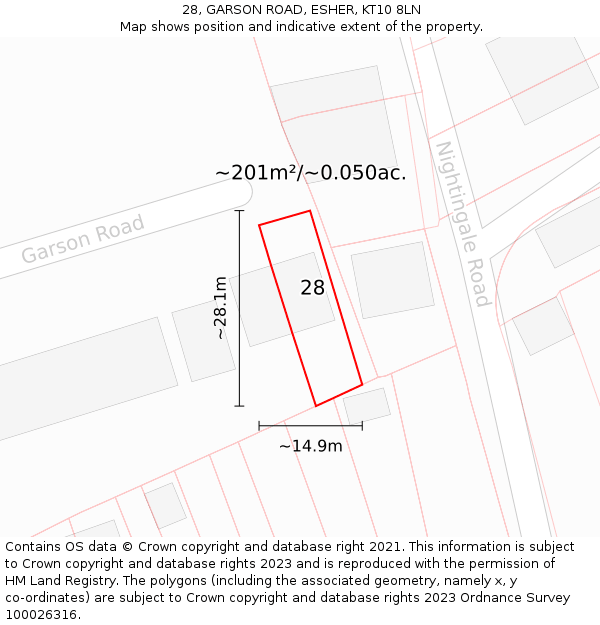 28, GARSON ROAD, ESHER, KT10 8LN: Plot and title map