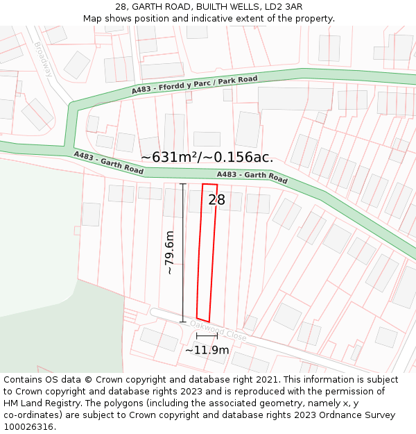 28, GARTH ROAD, BUILTH WELLS, LD2 3AR: Plot and title map