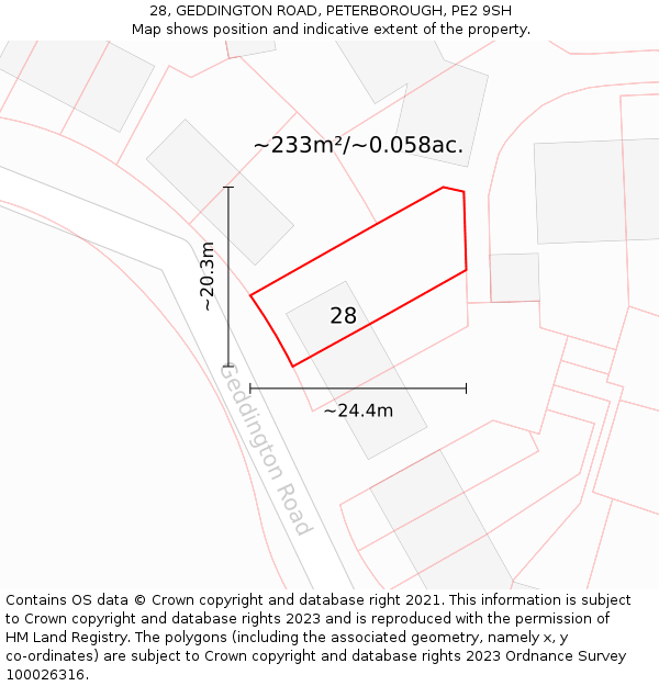 28, GEDDINGTON ROAD, PETERBOROUGH, PE2 9SH: Plot and title map