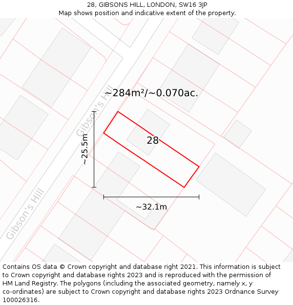 28, GIBSONS HILL, LONDON, SW16 3JP: Plot and title map