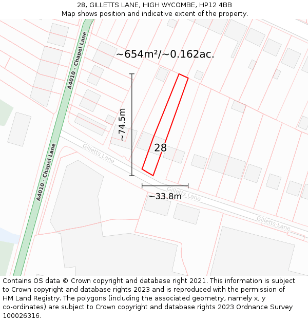 28, GILLETTS LANE, HIGH WYCOMBE, HP12 4BB: Plot and title map