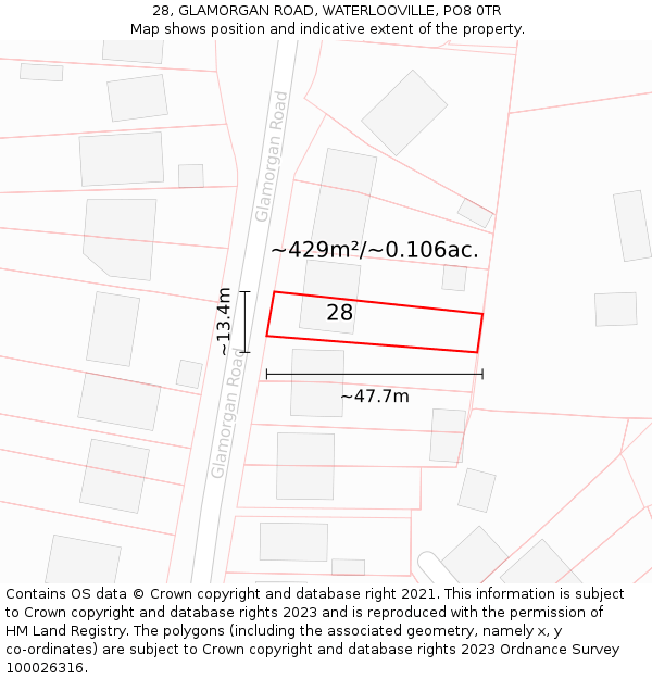 28, GLAMORGAN ROAD, WATERLOOVILLE, PO8 0TR: Plot and title map