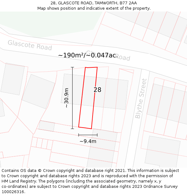 28, GLASCOTE ROAD, TAMWORTH, B77 2AA: Plot and title map