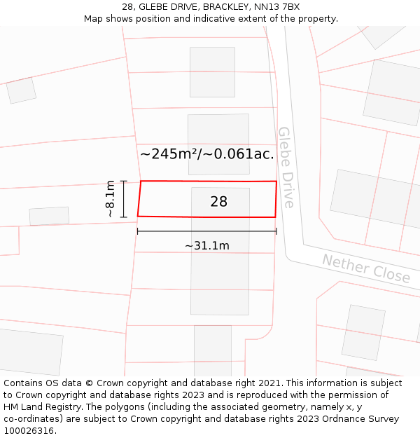 28, GLEBE DRIVE, BRACKLEY, NN13 7BX: Plot and title map