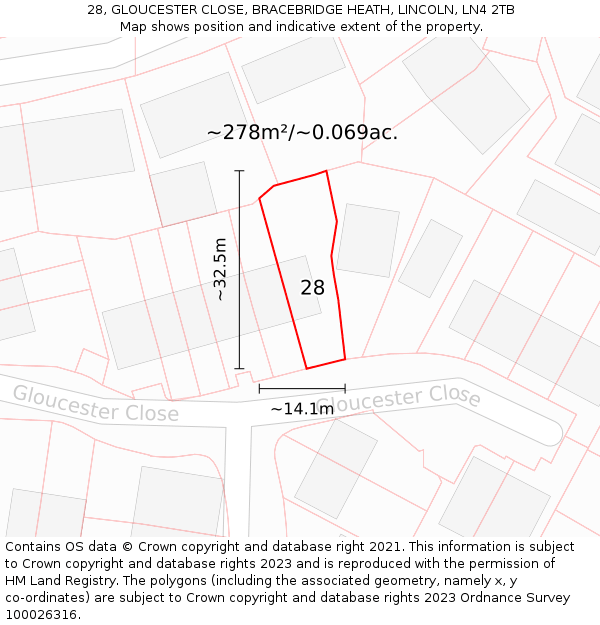 28, GLOUCESTER CLOSE, BRACEBRIDGE HEATH, LINCOLN, LN4 2TB: Plot and title map