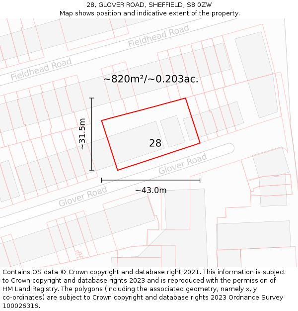 28, GLOVER ROAD, SHEFFIELD, S8 0ZW: Plot and title map