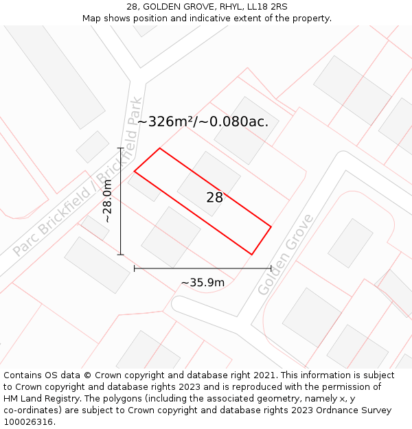 28, GOLDEN GROVE, RHYL, LL18 2RS: Plot and title map