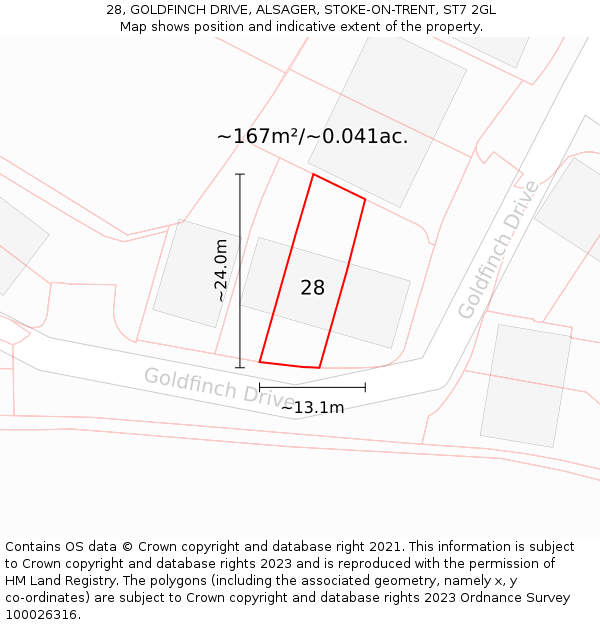 28, GOLDFINCH DRIVE, ALSAGER, STOKE-ON-TRENT, ST7 2GL: Plot and title map