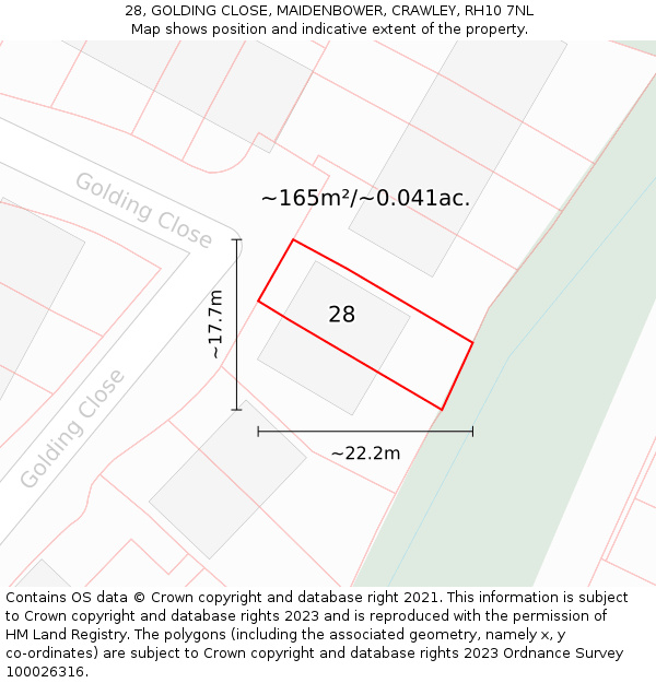 28, GOLDING CLOSE, MAIDENBOWER, CRAWLEY, RH10 7NL: Plot and title map