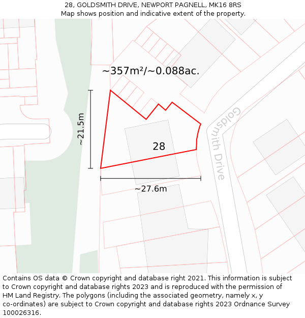 28, GOLDSMITH DRIVE, NEWPORT PAGNELL, MK16 8RS: Plot and title map