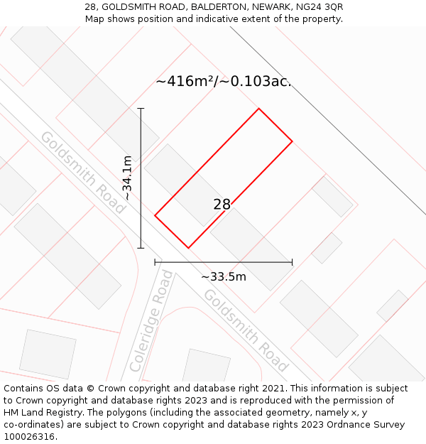 28, GOLDSMITH ROAD, BALDERTON, NEWARK, NG24 3QR: Plot and title map