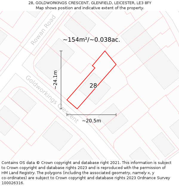 28, GOLDWORKINGS CRESCENT, GLENFIELD, LEICESTER, LE3 8FY: Plot and title map