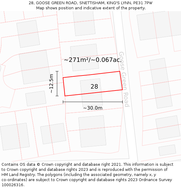 28, GOOSE GREEN ROAD, SNETTISHAM, KING'S LYNN, PE31 7PW: Plot and title map