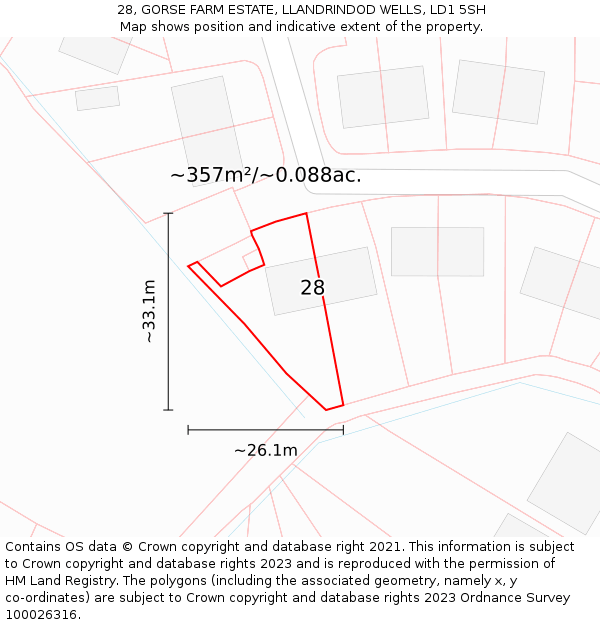 28, GORSE FARM ESTATE, LLANDRINDOD WELLS, LD1 5SH: Plot and title map