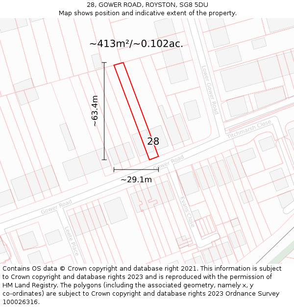 28, GOWER ROAD, ROYSTON, SG8 5DU: Plot and title map