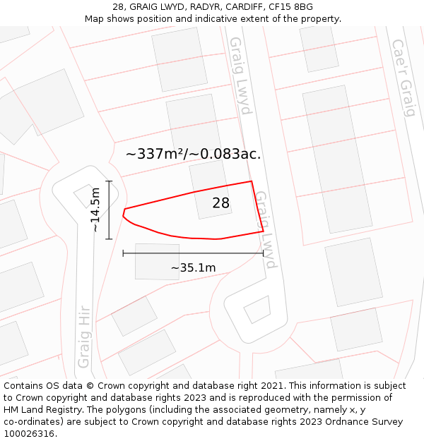 28, GRAIG LWYD, RADYR, CARDIFF, CF15 8BG: Plot and title map