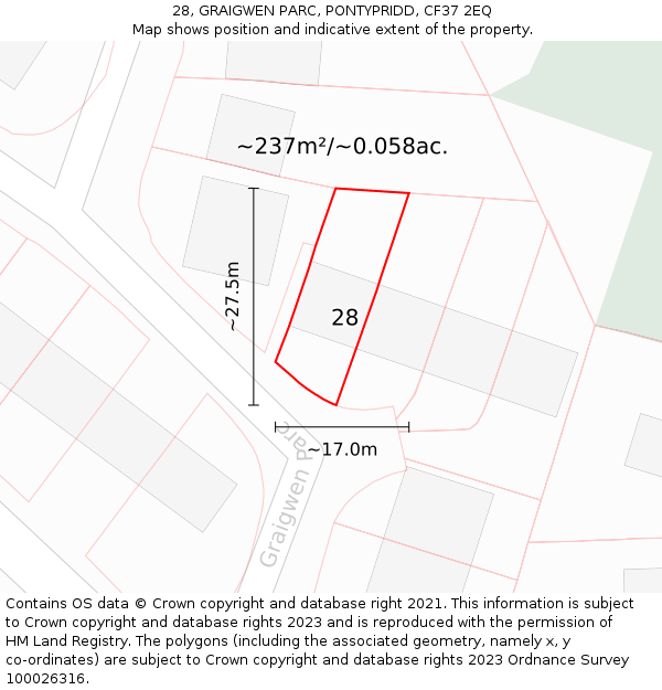 28, GRAIGWEN PARC, PONTYPRIDD, CF37 2EQ: Plot and title map