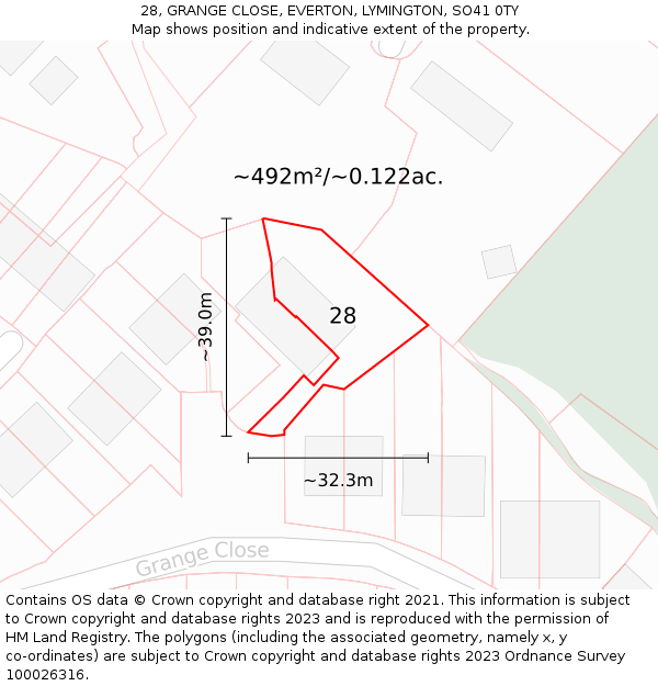 28, GRANGE CLOSE, EVERTON, LYMINGTON, SO41 0TY: Plot and title map