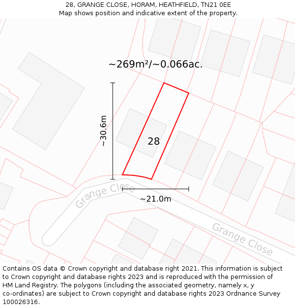 28, GRANGE CLOSE, HORAM, HEATHFIELD, TN21 0EE: Plot and title map