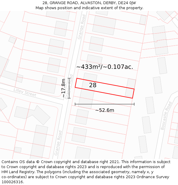 28, GRANGE ROAD, ALVASTON, DERBY, DE24 0JW: Plot and title map