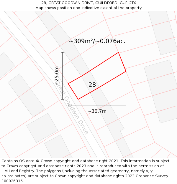 28, GREAT GOODWIN DRIVE, GUILDFORD, GU1 2TX: Plot and title map