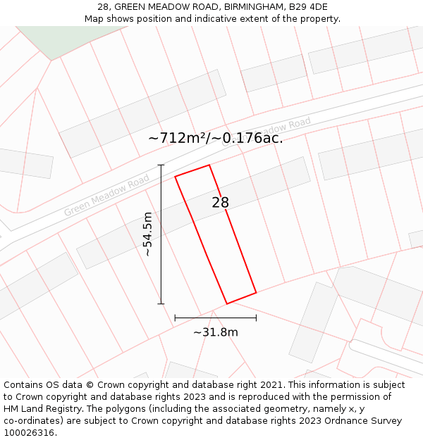 28, GREEN MEADOW ROAD, BIRMINGHAM, B29 4DE: Plot and title map