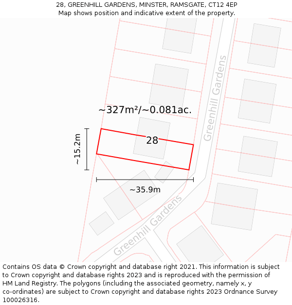 28, GREENHILL GARDENS, MINSTER, RAMSGATE, CT12 4EP: Plot and title map