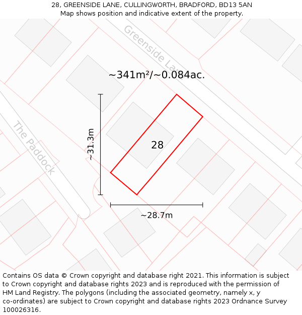 28, GREENSIDE LANE, CULLINGWORTH, BRADFORD, BD13 5AN: Plot and title map