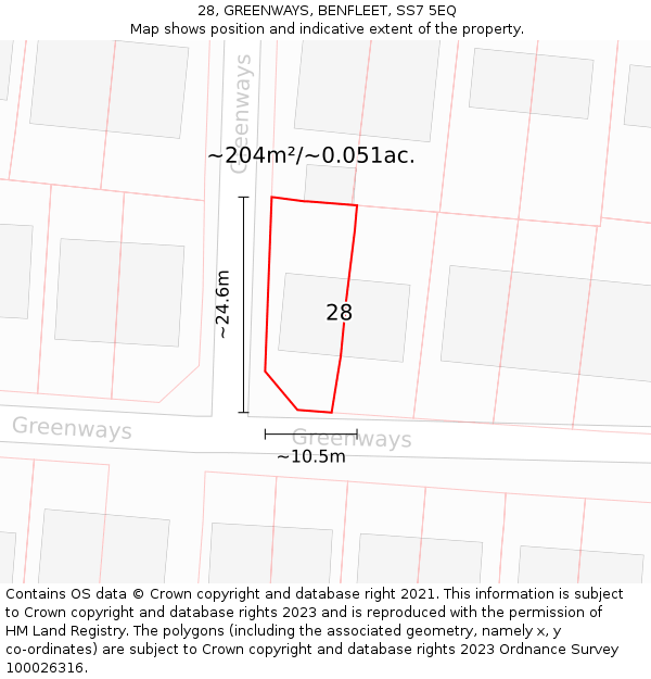 28, GREENWAYS, BENFLEET, SS7 5EQ: Plot and title map
