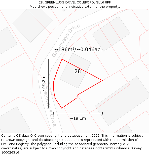 28, GREENWAYS DRIVE, COLEFORD, GL16 8PF: Plot and title map