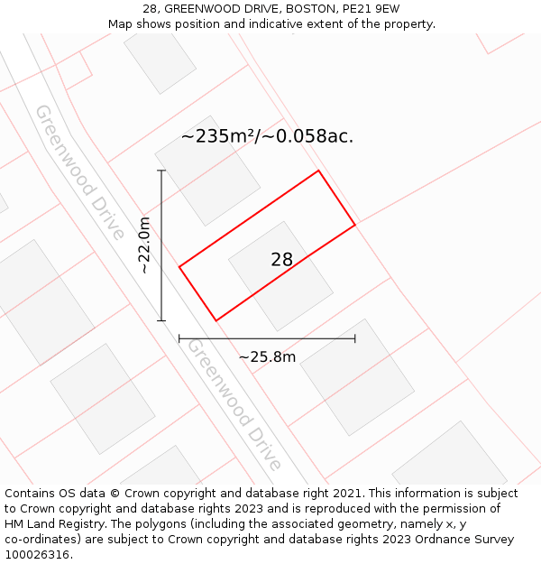 28, GREENWOOD DRIVE, BOSTON, PE21 9EW: Plot and title map