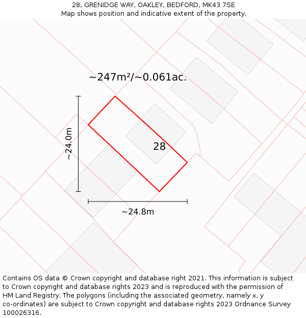 28, GRENIDGE WAY, OAKLEY, BEDFORD, MK43 7SE: Plot and title map