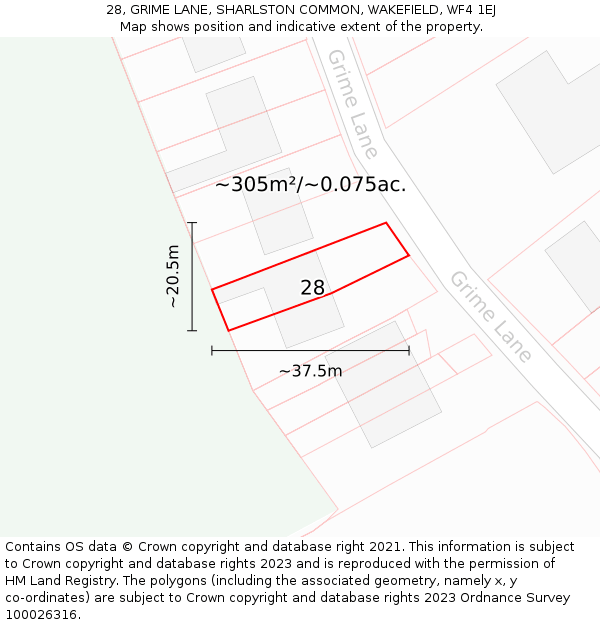 28, GRIME LANE, SHARLSTON COMMON, WAKEFIELD, WF4 1EJ: Plot and title map