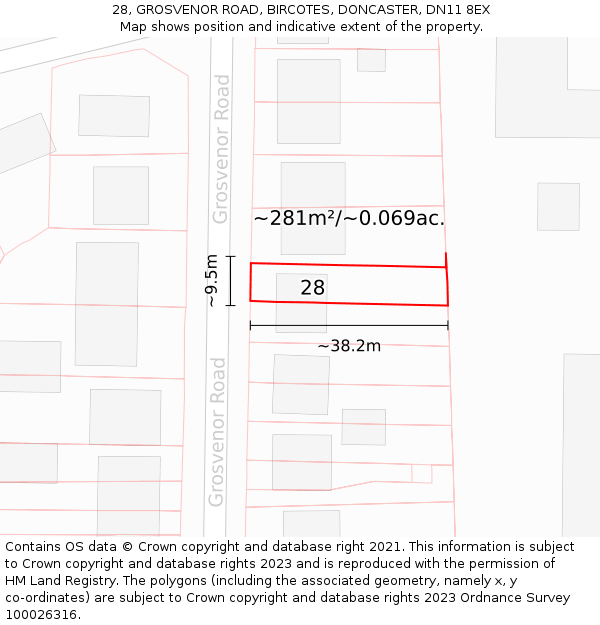 28, GROSVENOR ROAD, BIRCOTES, DONCASTER, DN11 8EX: Plot and title map